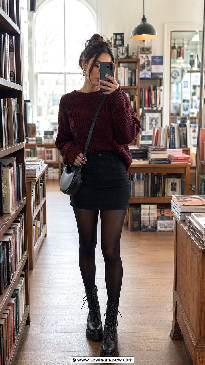 Mini Skirt and Tights With Combat Boots Outfit - 35 Downtown girl outfit ideas