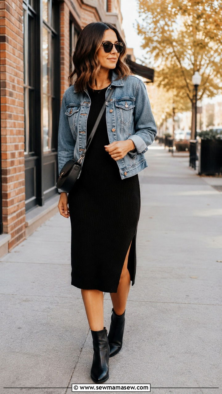 Mini Sweater Dress With Denim Jacket And Tights - 20 Sweater dress outfit ideas with a denim jacket