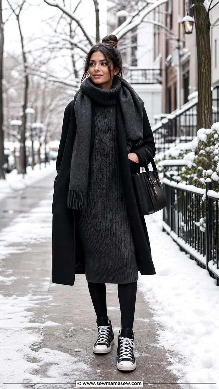 Mini Sweater Dress With Tights and Sneakers for Winter - 30 Mini dress outfit ideas with sneakers