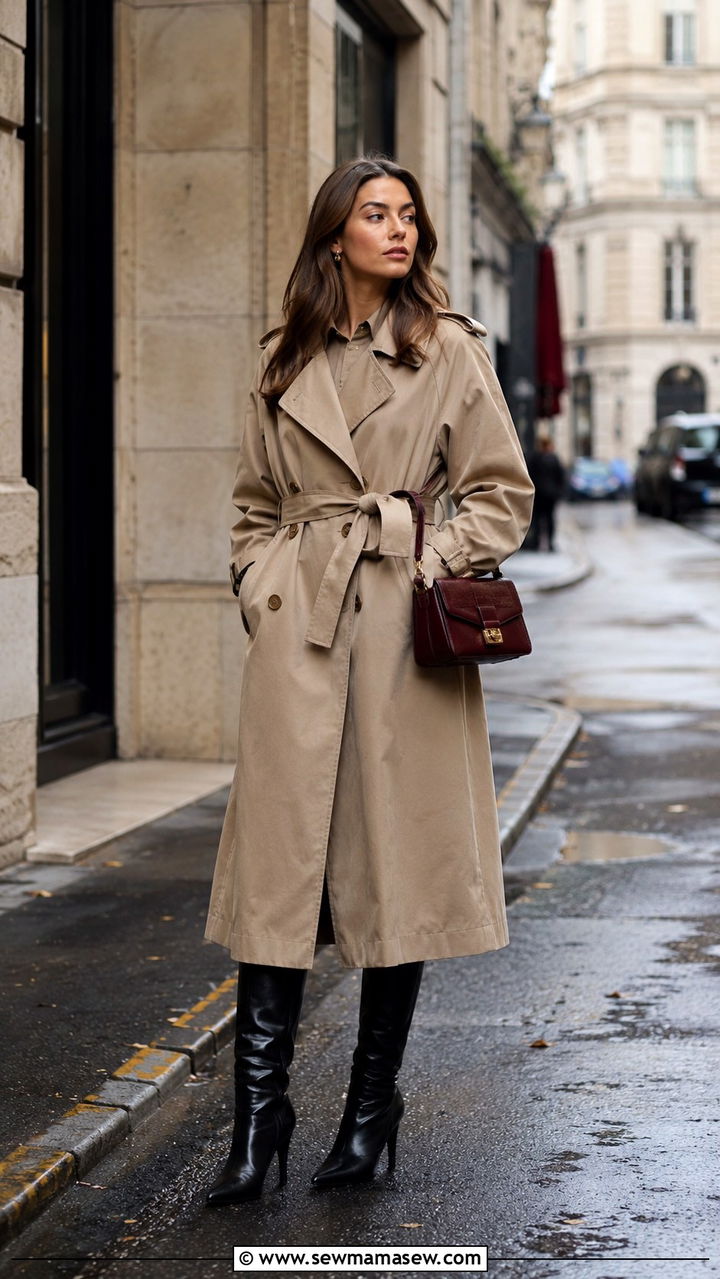 Mini bag with trench coat and knee high boots - 30 Mini bag outfit ideas