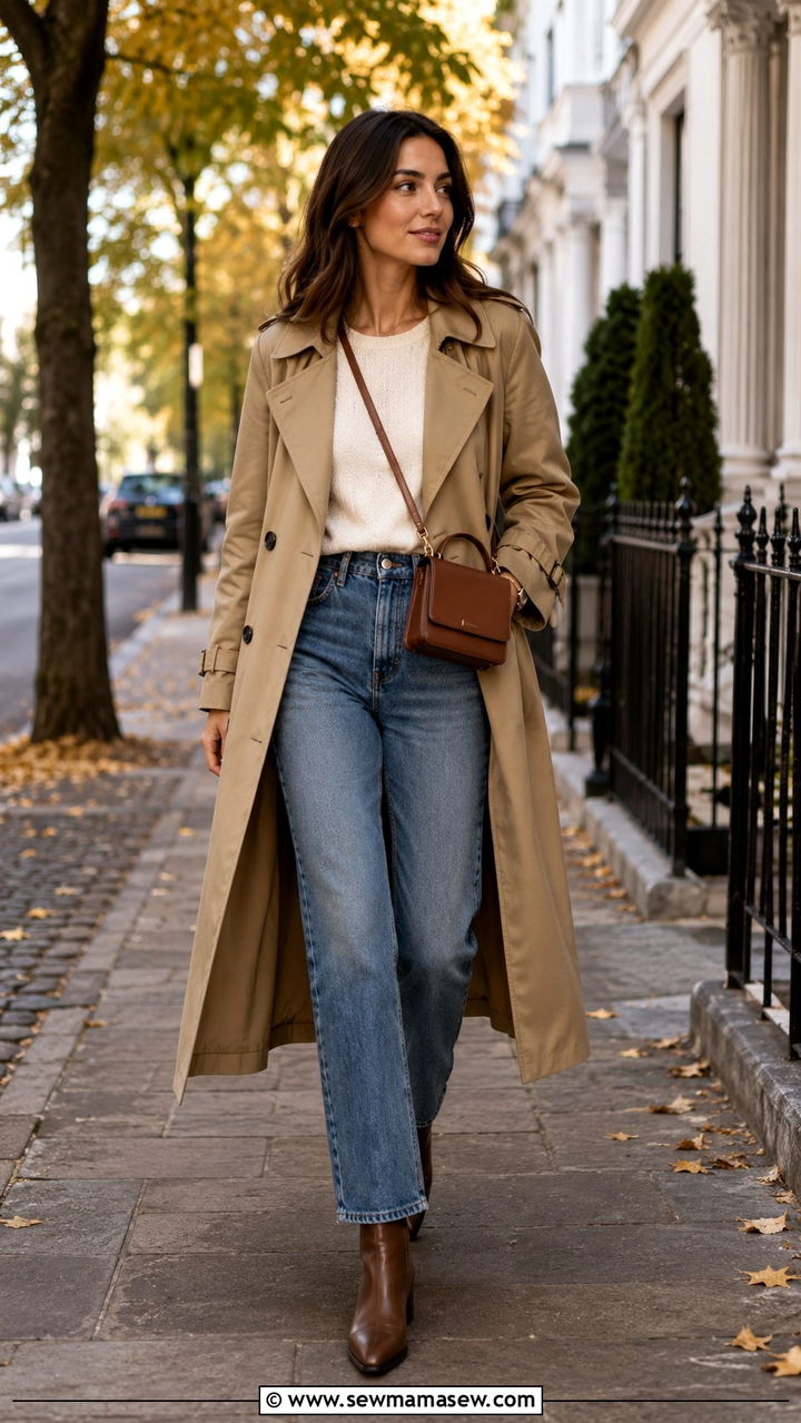 Mini bag with trench coat and straight leg jeans - 30 Mini bag outfit ideas