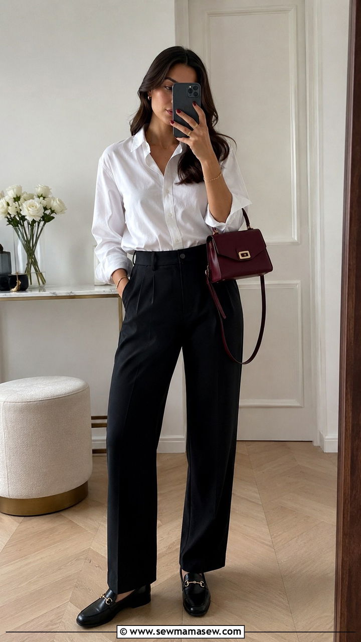Mini bag with white button down and black trousers - 30 Mini bag outfit ideas
