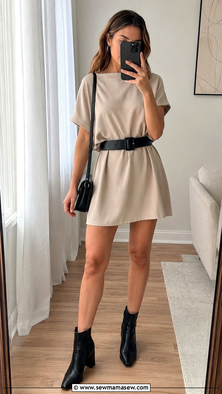 Mini dress with a belt and heeled ankle boots - 30 How to style a mini dress