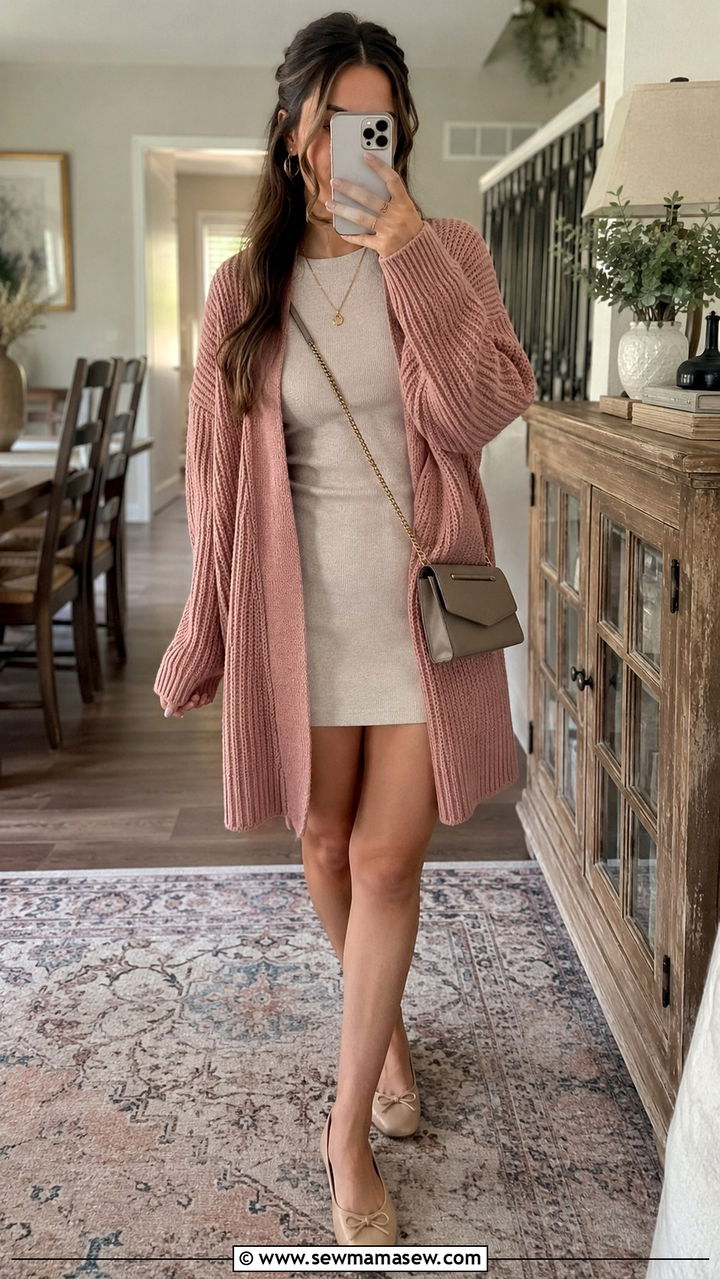 Mini dress with a long cardigan and ballet flats - 30 How to style a mini dress