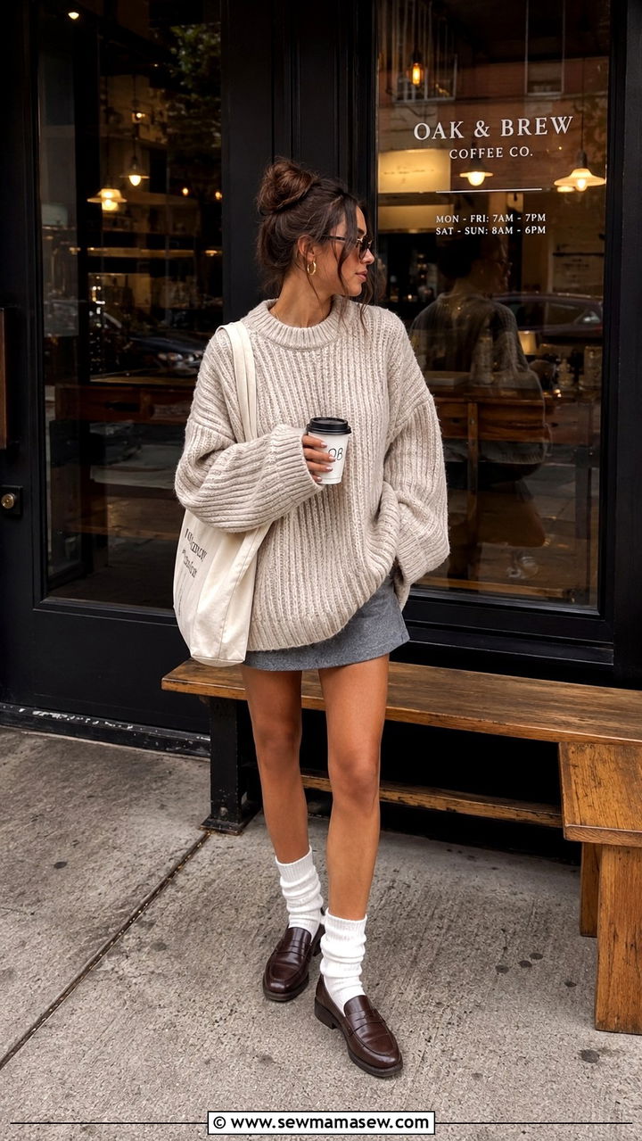 Mini dress with an oversized sweater and loafers - 30 How to style a mini dress