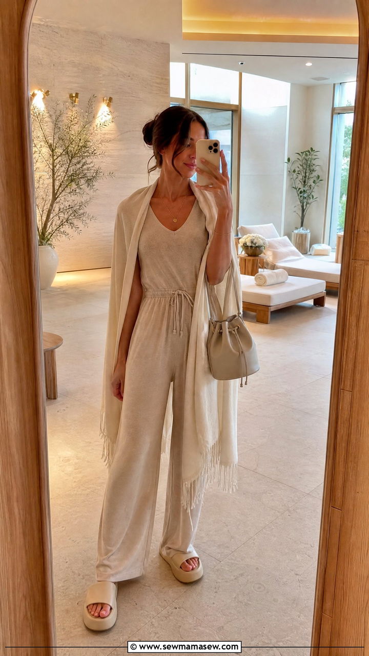 Minimal Jumpsuit With a Soft Scarf Wrap - 30 Cozy spa day outfit ideas