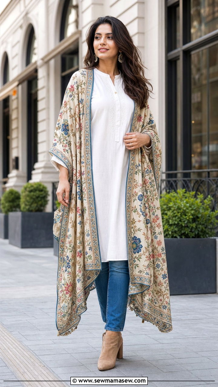 Minimal Kurti with Jeans and Heavy Dupatta - 25 Eid outfit ideas Pakistani