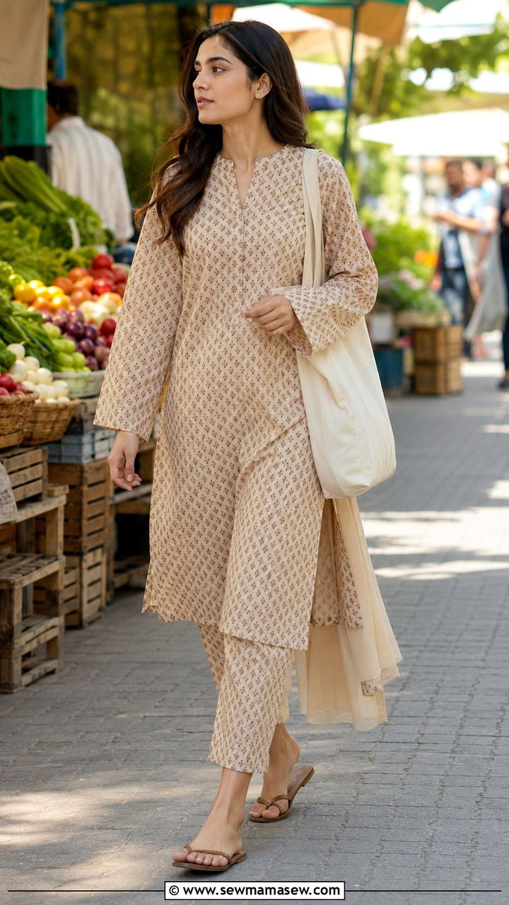 Minimal Printed Lawn Suit with Tote Bag and Flats - 25 Multan outfit ideas