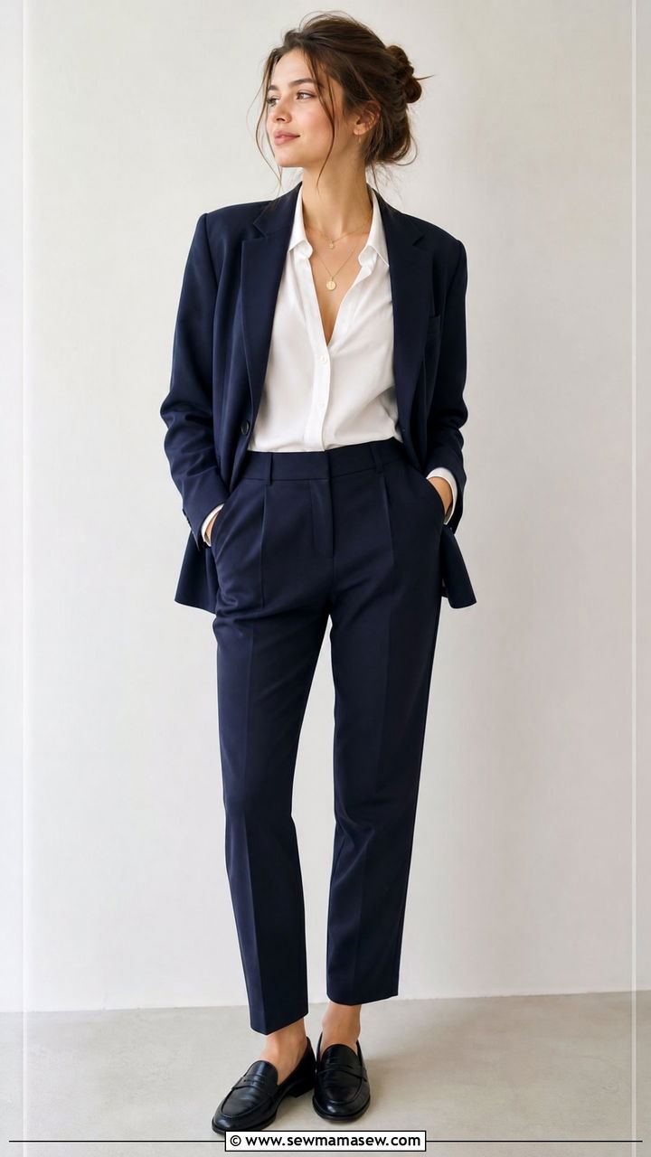Minimal layered necklaces with open collar blouse and trousers outfit - 30 School uniform hacks outfit ideas