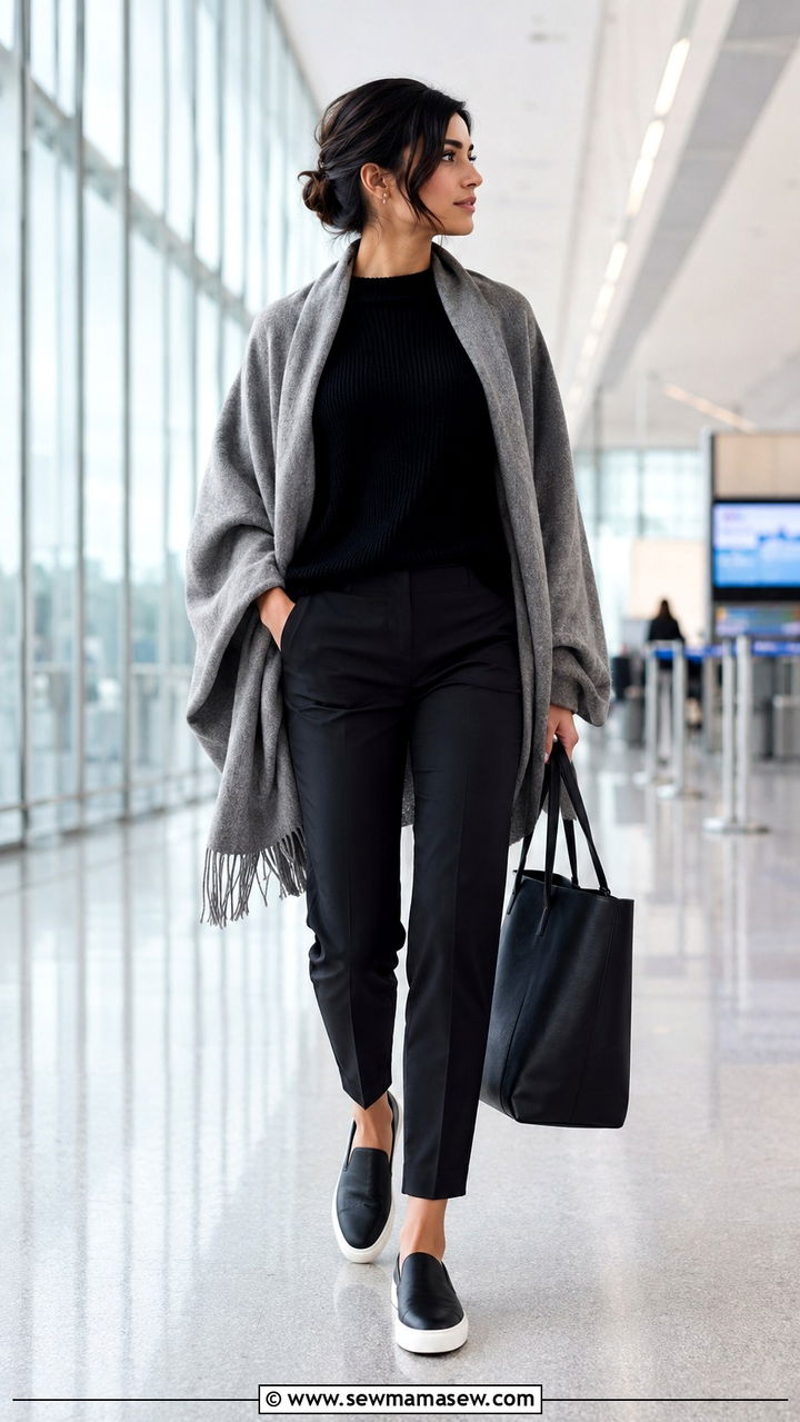 Minimal uniform dressing with a shawl - 25 Airport outfit ideas for international travel