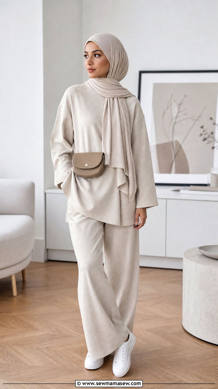 Minimalist Neutral Co ord with Ribbed Jersey Hijab - 30 Eid outfit ideas with hijab