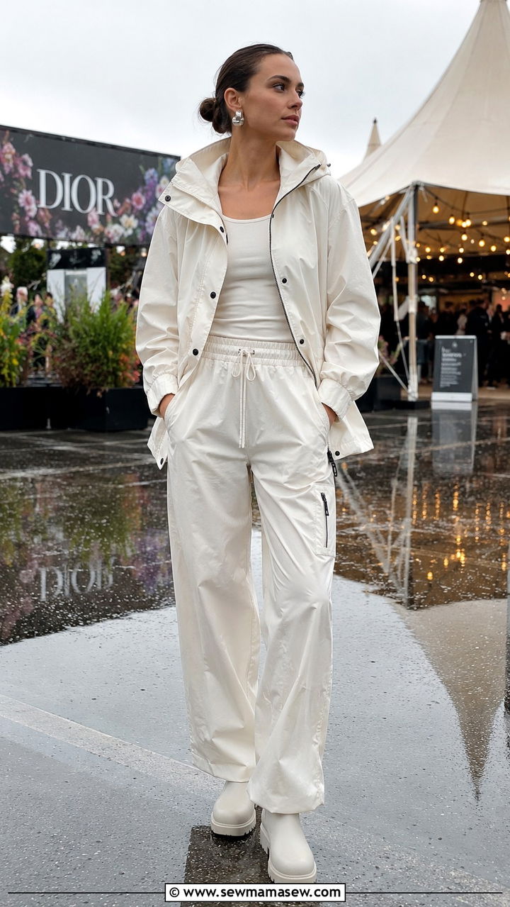 Minimalist Neutral Rain Jacket With Matching Bottoms - 25 Rainy festival outfit ideas