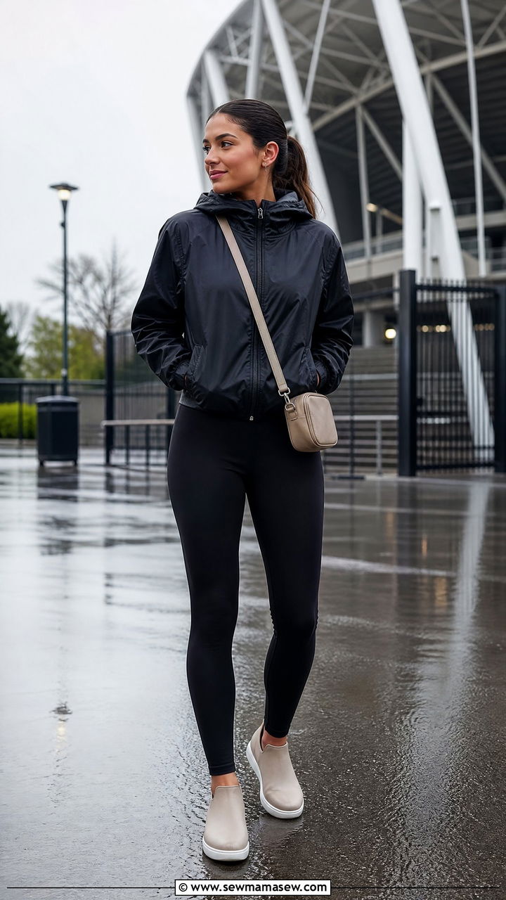 Minimalist Waterproof Jacket And Leggings Combo - 25 Gameday outfit ideas rainy weather