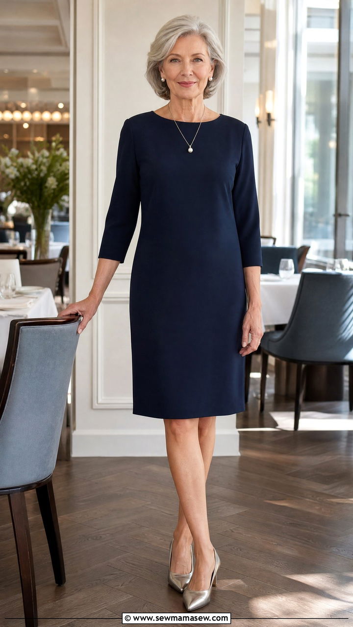 Minimalist crepe dress and pearl earrings outfit over 60 - 20 Fashion mistakes to avoid over 60
