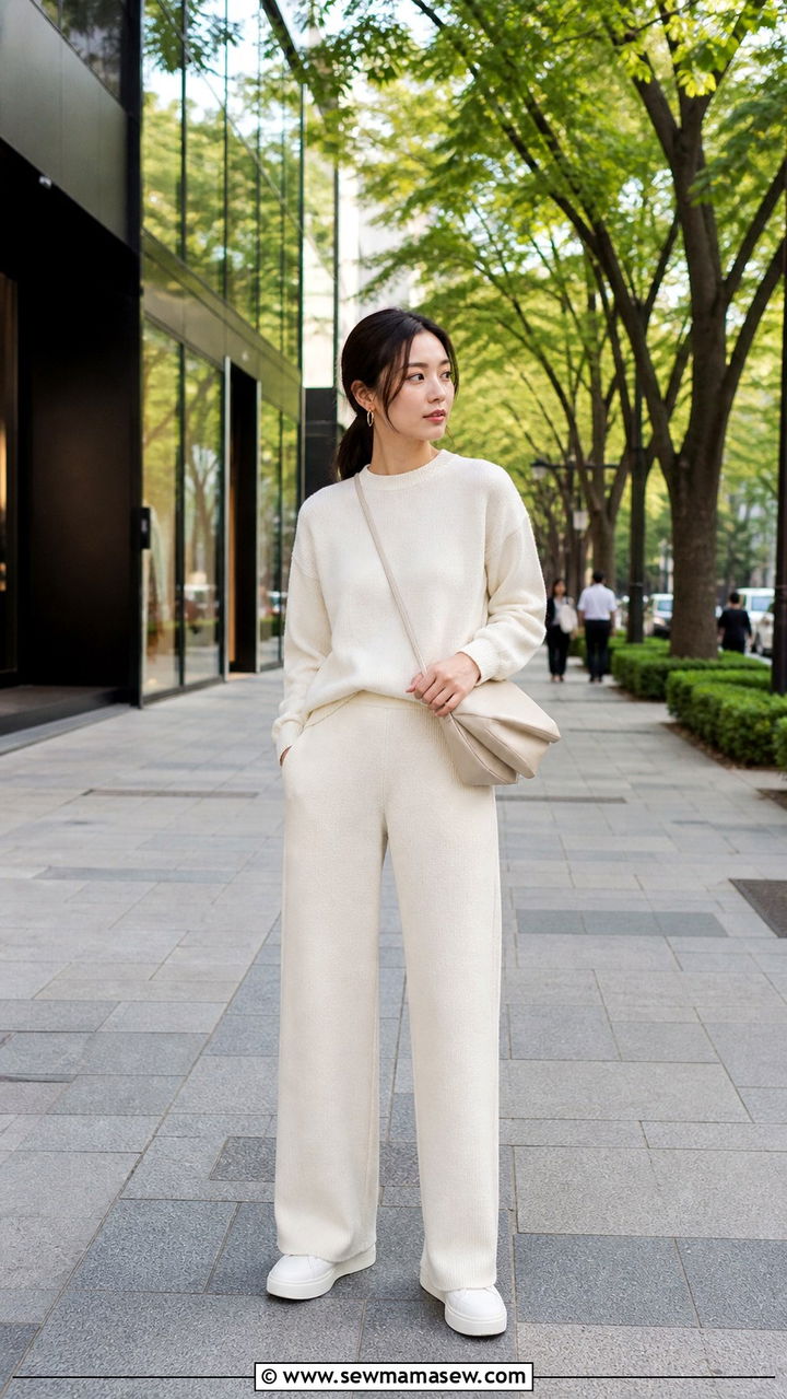 Minimalist knit set and clean sneakers for Omotesando browsing - 40 What to wear in Tokyo