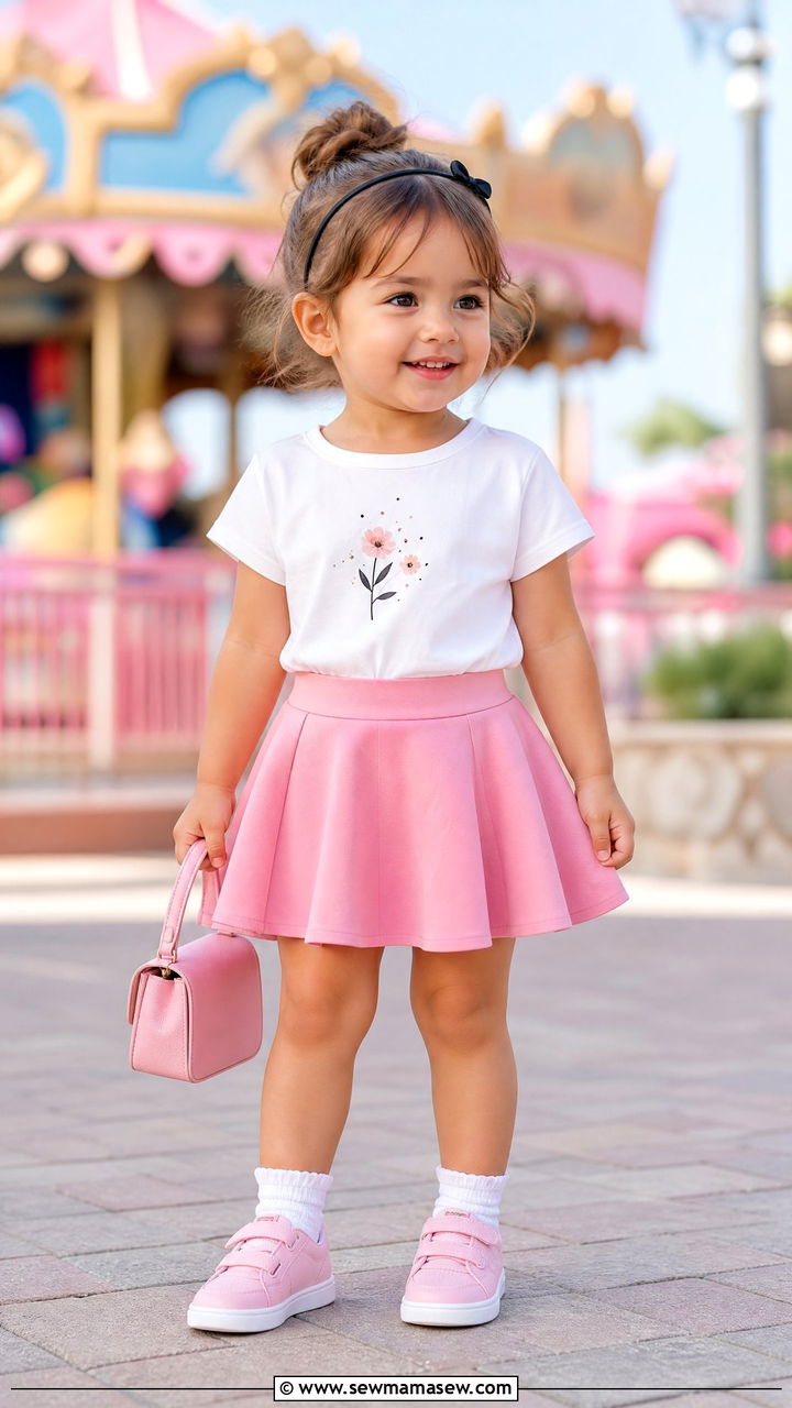 Minnie Mouse Casual White Tee and Pink Skirt - 35 Disney outfit ideas for toddlers