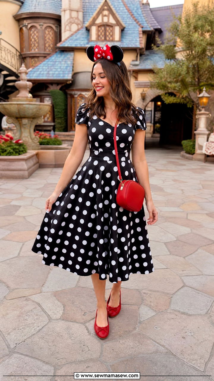 Minnie Mouse Polka Dot Midi Dress Outfit - 40 Disneyland outfit ideas