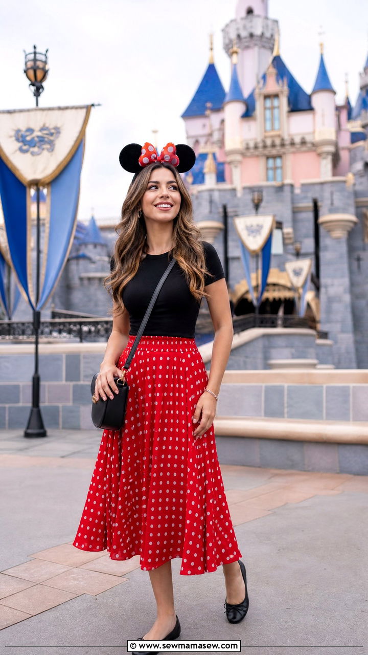 Minnie Mouse Polka Dot Skirt With Black Top And Flats - 40 Disney trip outfit ideas