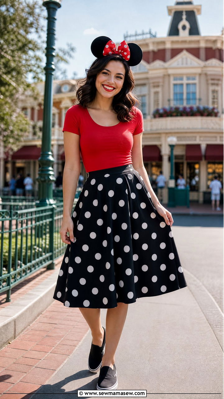 Minnie Mouse Polka Dot Skirt and Red Top Retro Outfit - 25 Hollywood Studios outfit ideas