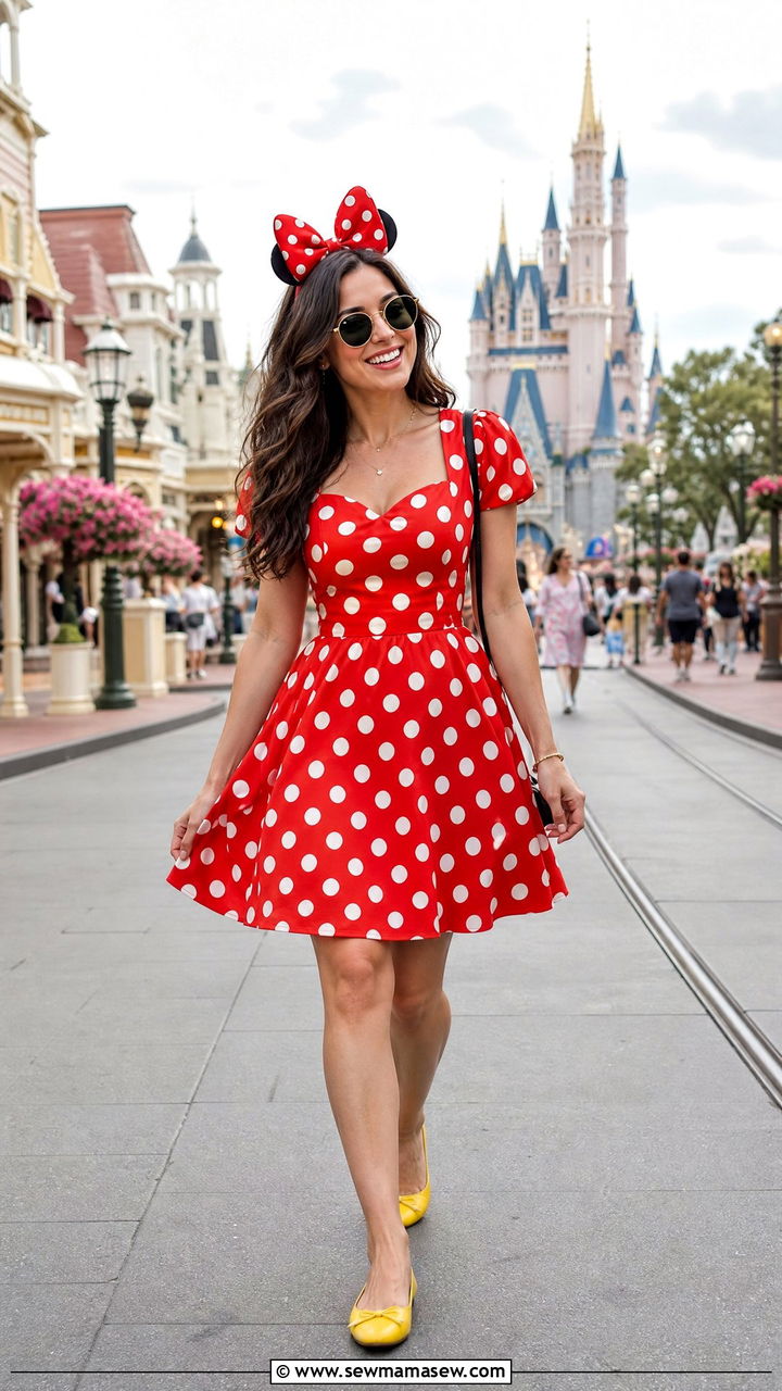 Minnie Mouse red polka dot dress with yellow flats - 30 Disney outfit ideas for honeymoon