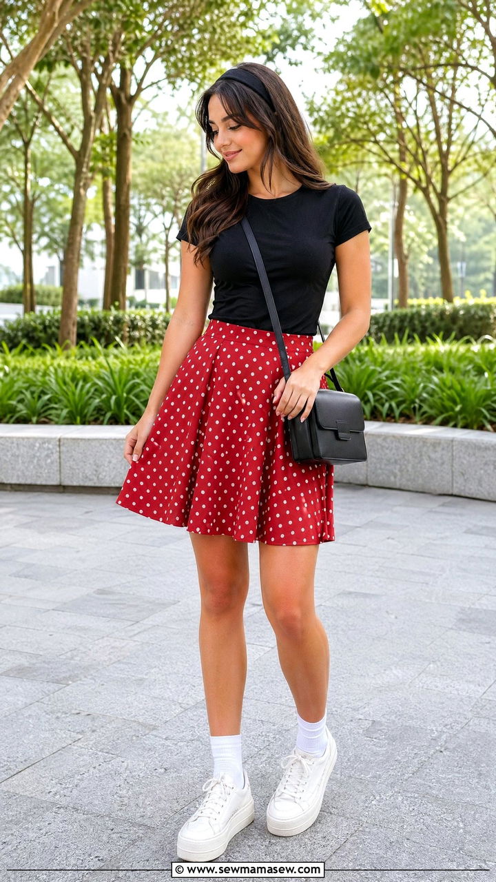 Minnie Polka Dot Flared Skirt Outfit - 35 Epcot outfit ideas