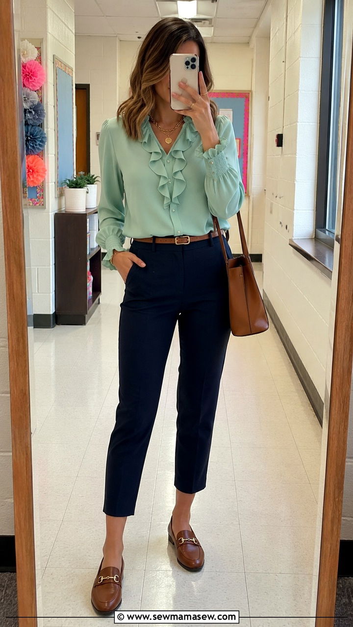 Mint Blouse with Navy Cropped Trousers and Loafers - 30 Spring outfit ideas for teacher