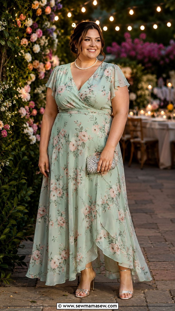 Mint Floral Chiffon Gown For Outdoor Weddings - 30 plus size spring wedding guest outfit ideas