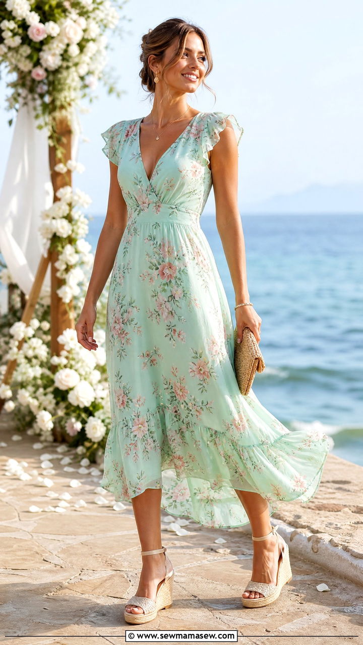 Mint Floral Chiffon Midi Dress With Wedge Espadrilles - 25 Wedding guest outfit ideas size 12