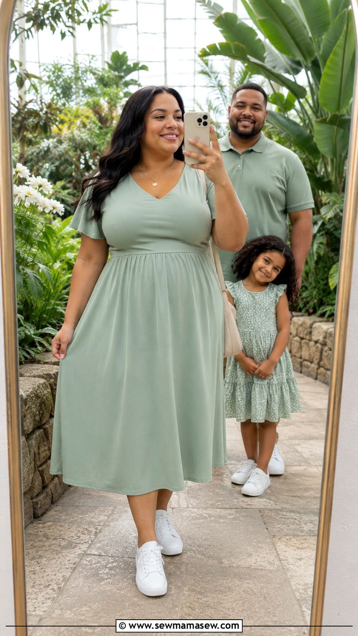 Mint Green A Line Dress With White Sneakers - 30 Plus size outfit ideas for family photos