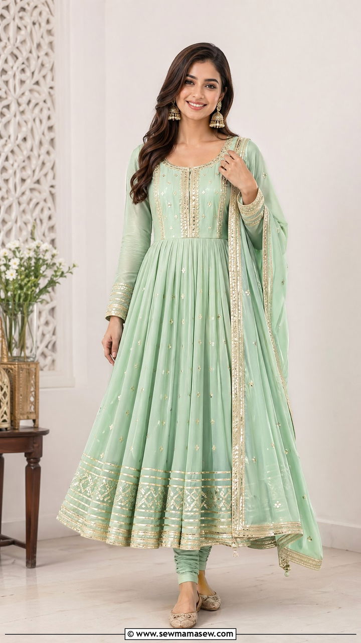 Mint Green Anarkali Suit with Churidar Pants - 35 Eid outfit ideas for moms