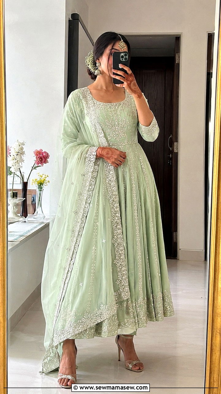 Mint Green Anarkali With Silver Thread Embroidery - 30 Mehndi outfit ideas