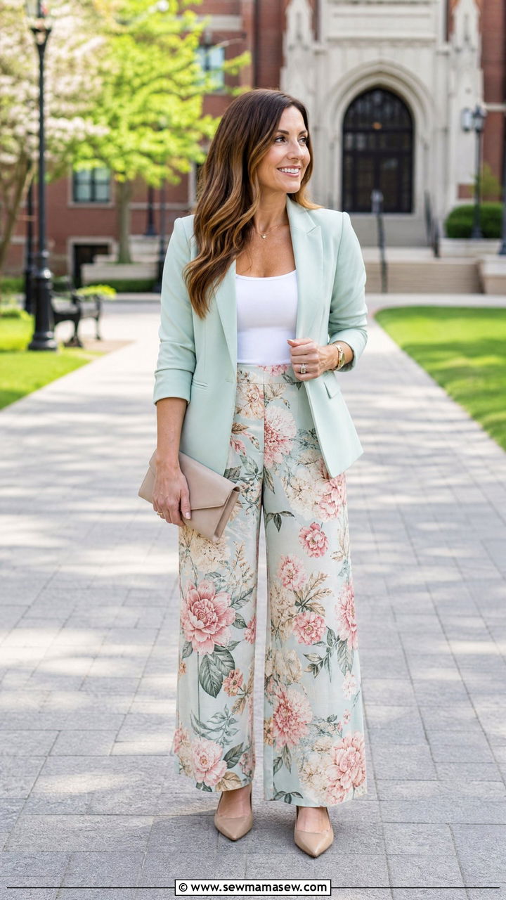 Mint Green Blazer With Floral Trousers - 35 Graduation outfits for moms