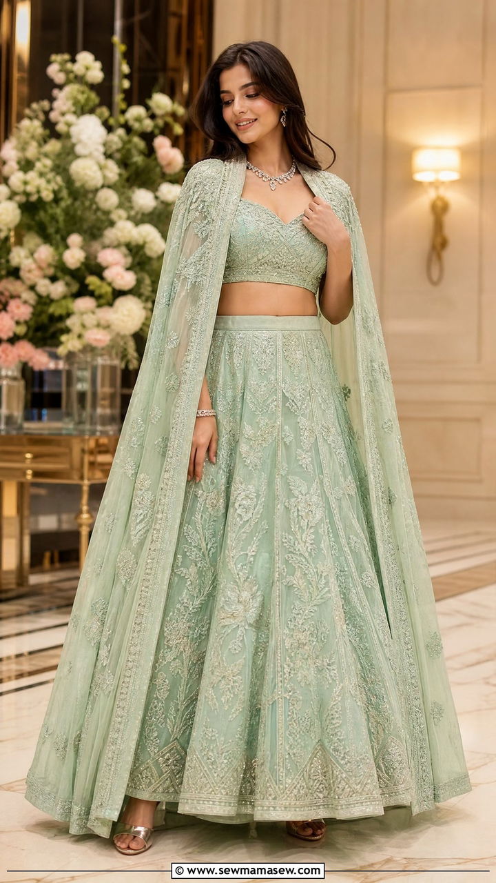 Mint Green Cape Lehenga Set - 35 Matching set outfit ideas for wedding guest