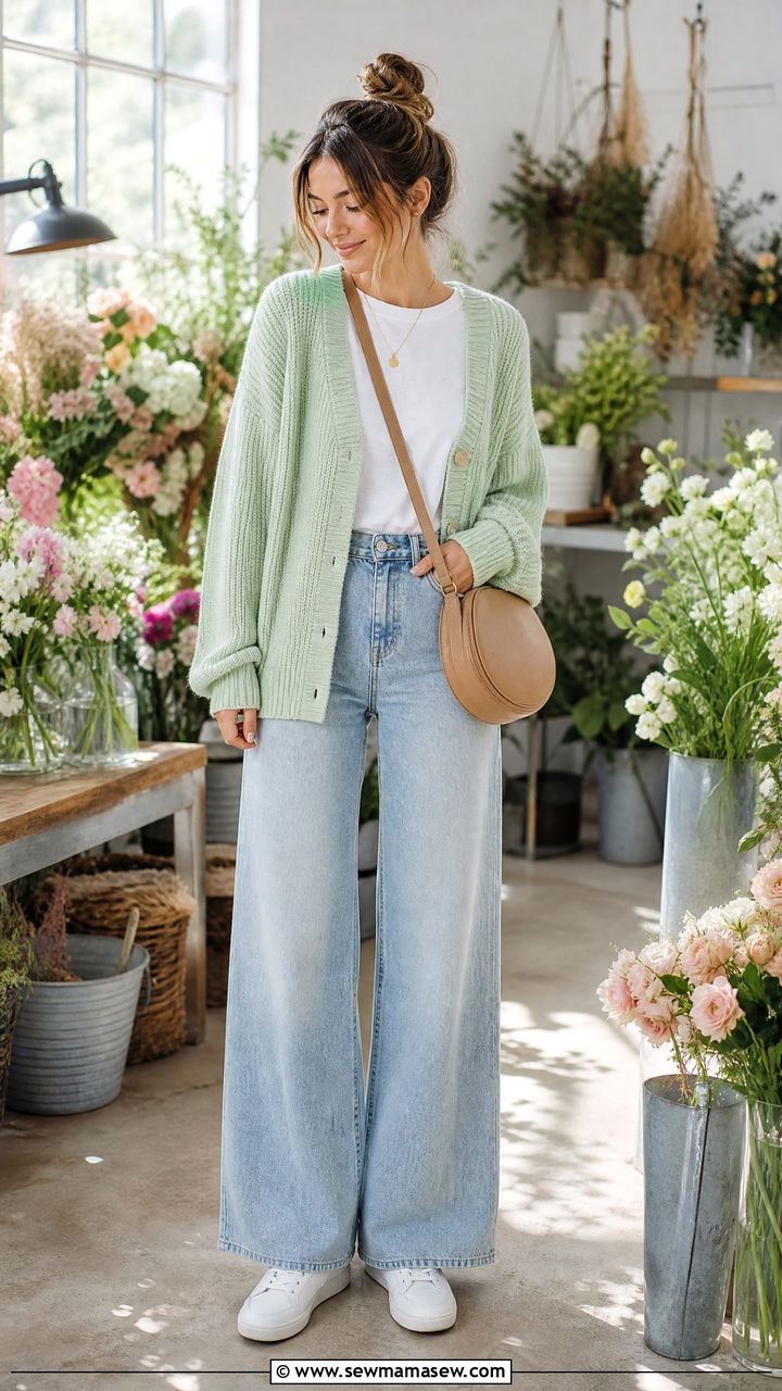 Mint Green Cardigan and Wide Leg Jeans Florist Outfit - 20 Florist outfit ideas