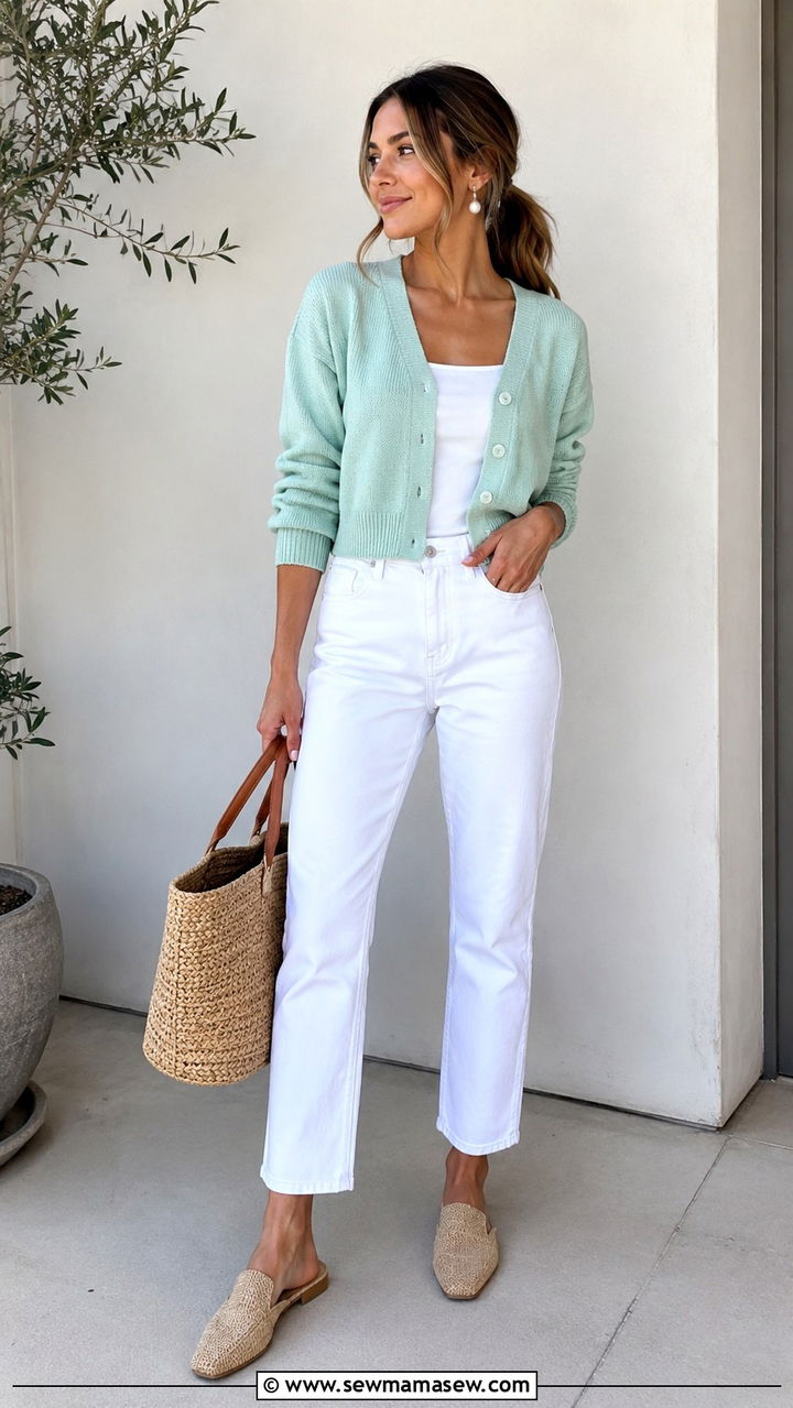 Mint Green Cardigan with White Jeans Outfit - 25 Mint green outfit ideas 2026