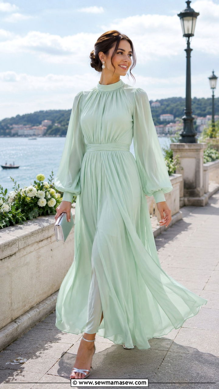 Mint Green Chiffon Maxi Dress Wedding - 30 modest wedding guest outfit ideas