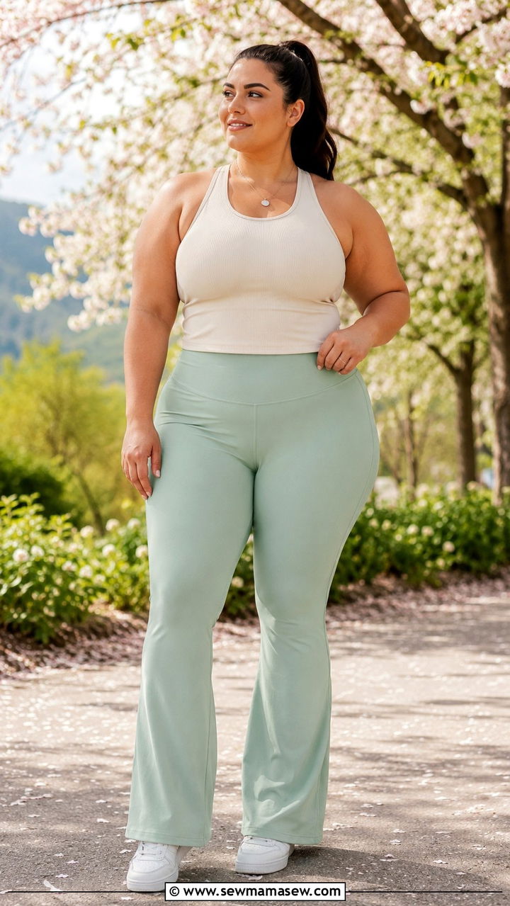 Mint Green Flare Yoga Pants with Fitted Ribbed Tank - 30 Gym outfit ideas plus size