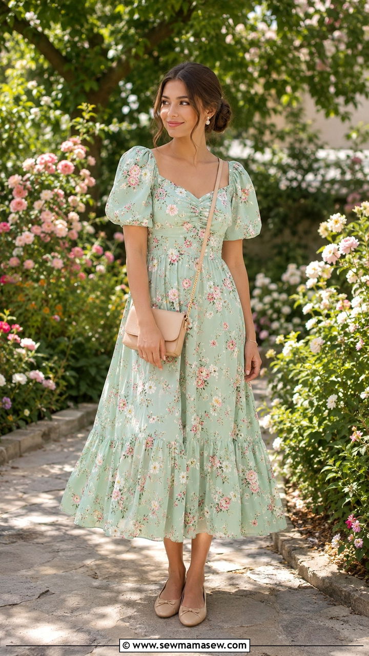 Mint Green Floral Print Dress with Dainty Accessories - 30 Mint green outfit ideas spring