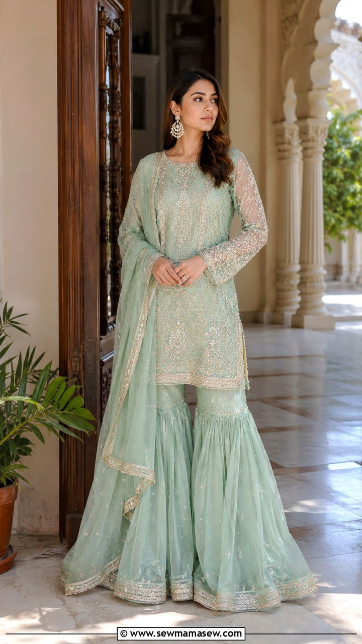 Mint Green Gharara With Long Embroidered Shirt - 25 Modest outfit ideas for Walima