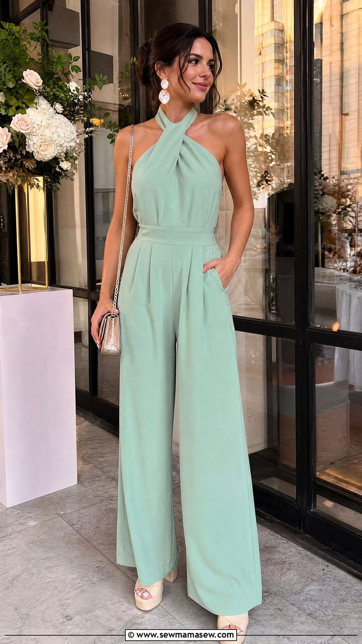 Mint Green Halter Jumpsuit With Platform Sandals - 35 Green dress outfit ideas for wedding guest