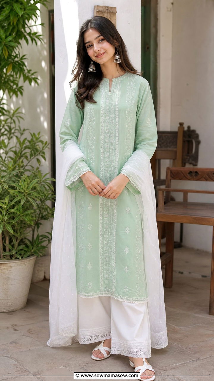 Mint Green Kurta Set with White Palazzo - 30 Eid outfit ideas for teens