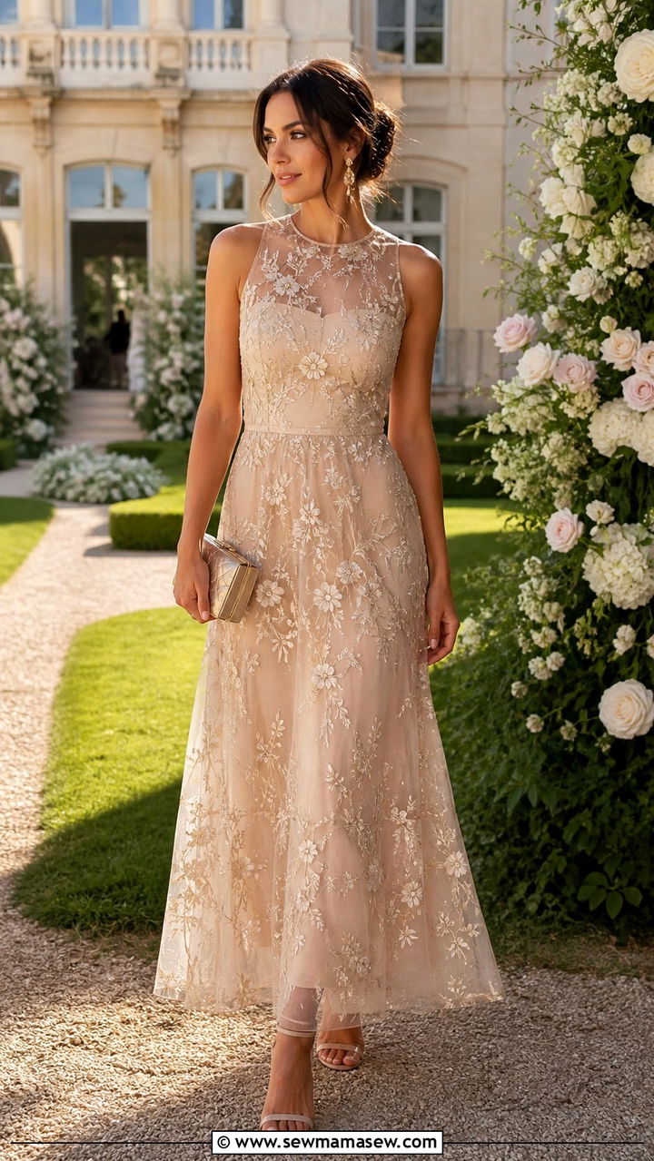 Mint Green Lace Midi Dress With Nude Heels - 40 Spring wedding guest outfits