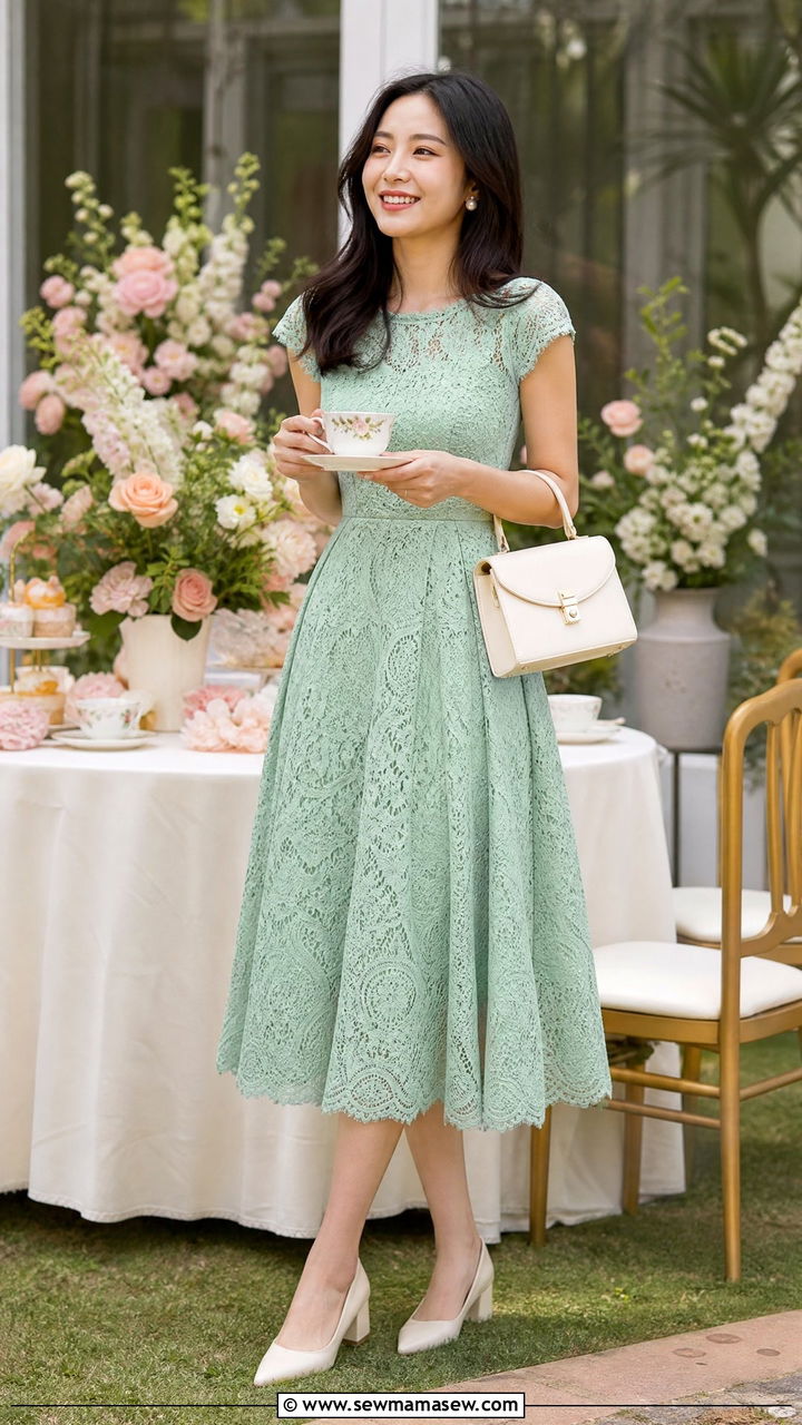 Mint Green Lace Tea Length Dress With Cream Accessories - 35 Green dress outfit ideas for wedding guest