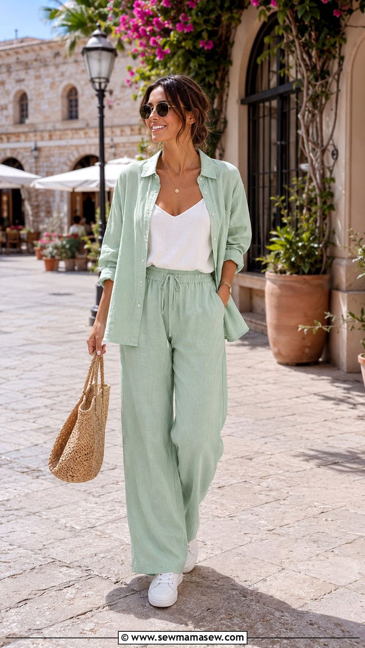 Mint Green Linen Co ord Set with White Sneakers - 30 Mint green outfit ideas spring