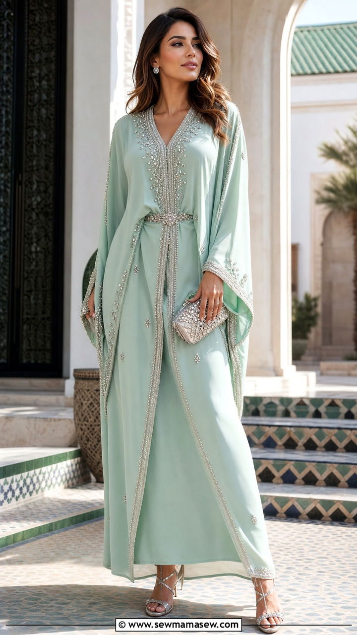 Mint Green Moroccan Kaftan Outfit With Crystals - 25 Eid outfit ideas Moroccan