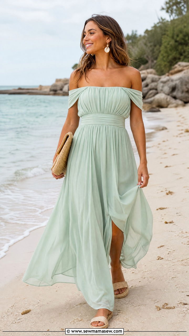 Mint Green Off Shoulder Maxi Dress With Woven Accessories - 35 Green dress outfit ideas for wedding guest