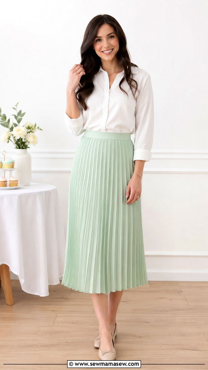 Mint Green Pleated Midi Skirt with White Blouse - 25 Baby shower outfit ideas hostess