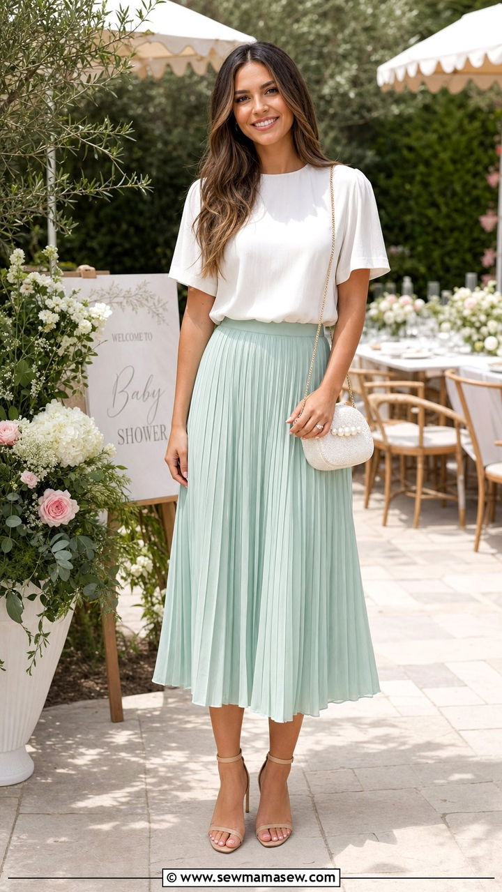 Mint Green Pleated Skirt and White Blouse Baby Shower Outfit - 35 Baby shower outfit ideas