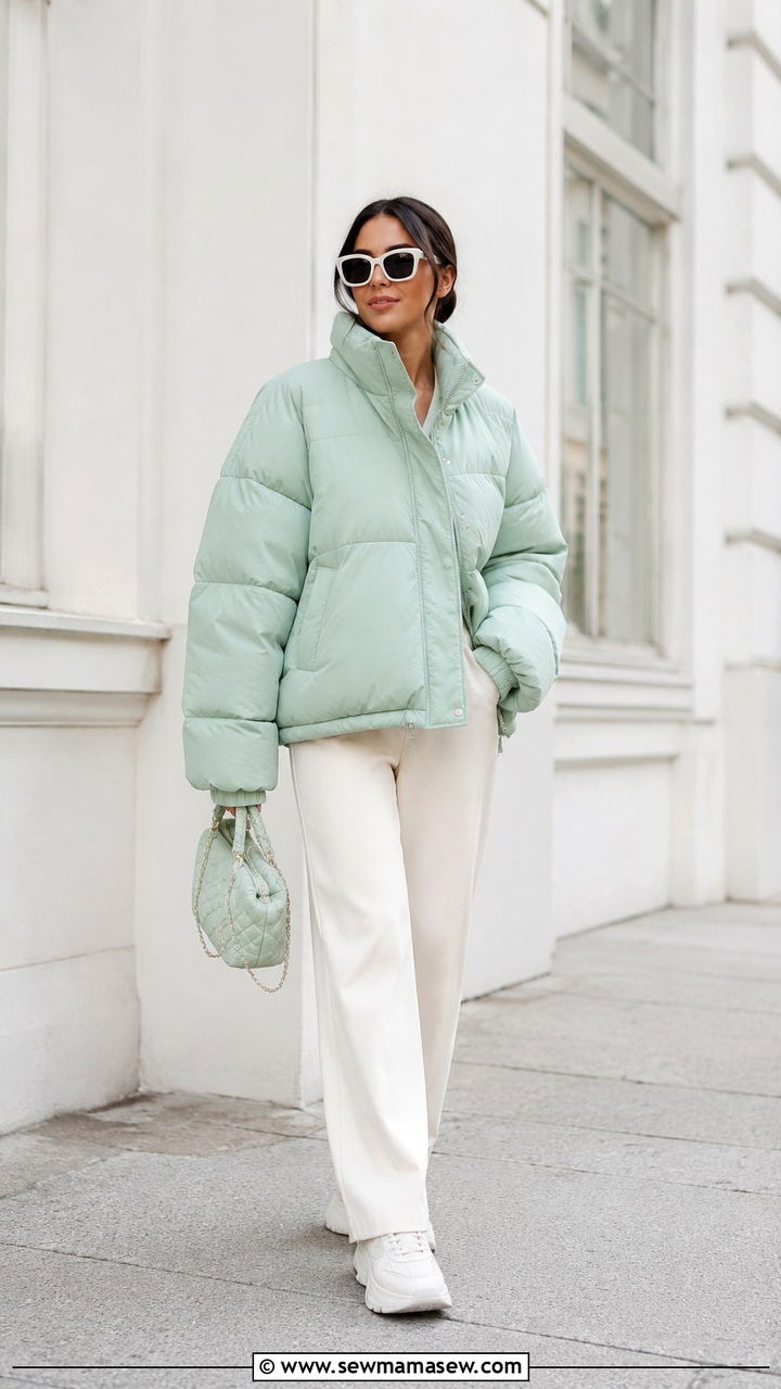 Mint Green Puffer With Ivory Trousers And Sneakers - 25 Puffer jacket outfit ideas cute