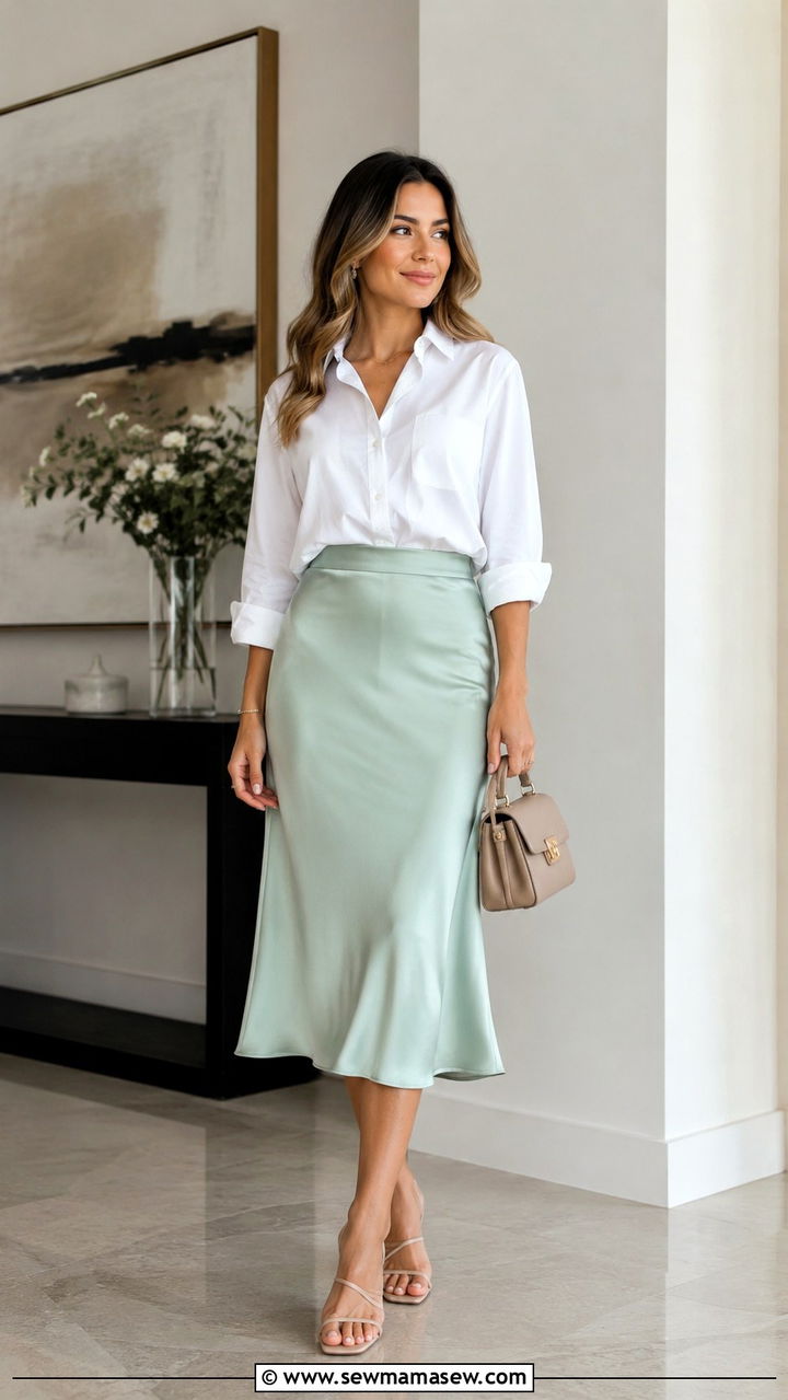 Mint Green Satin Midi Skirt with a White Button Down Shirt - 30 Mint green outfit ideas spring